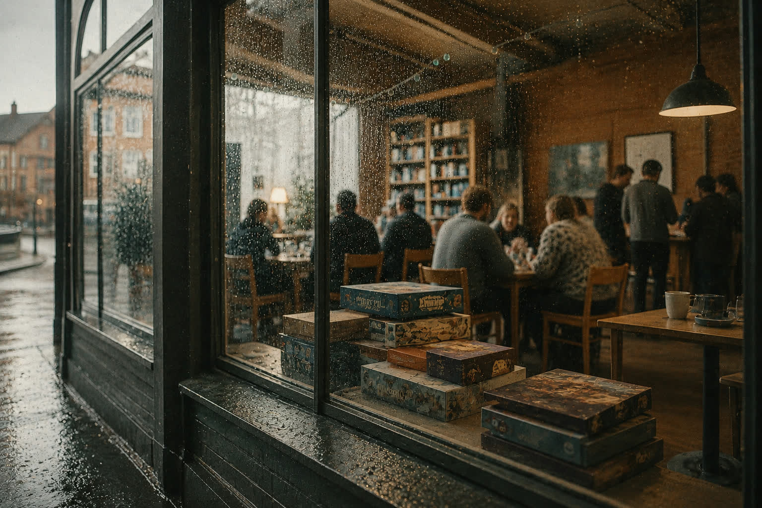 Seen through a rain-flecked window in daylight: people gathered around tables with board games, the street outside washed bright after rain.