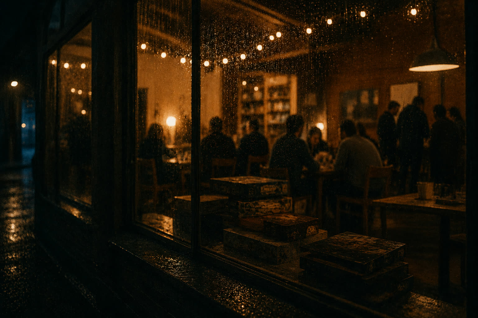 Seen through a rain-covered window: people gathered around tables with board games, under string lights.