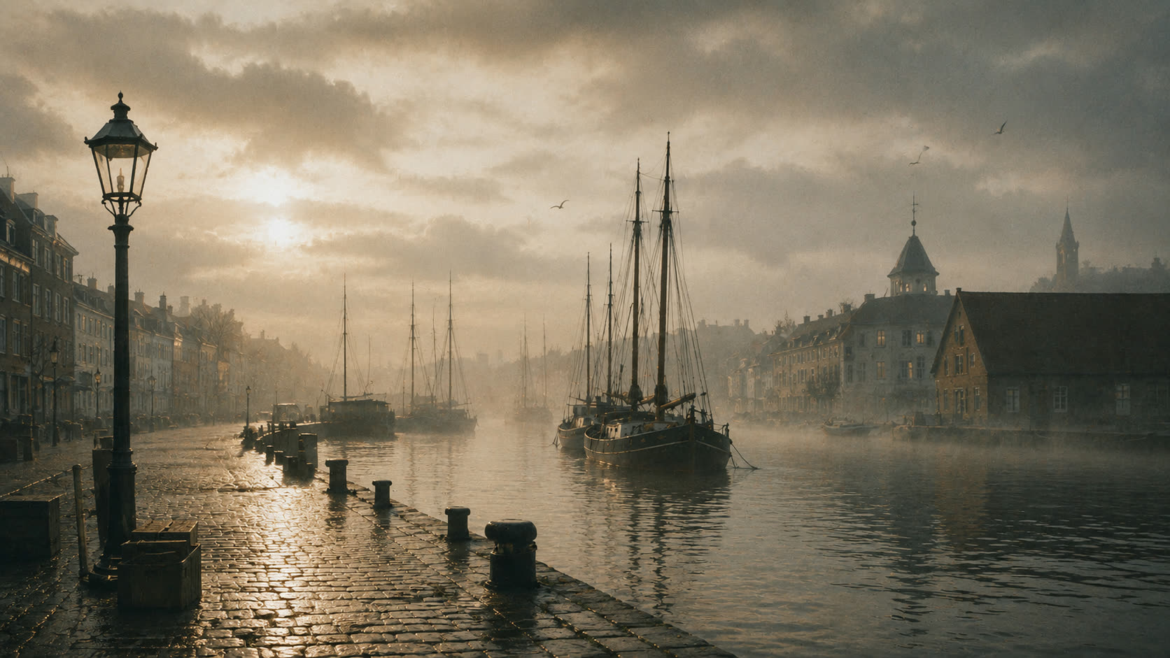 The harbor at dawn: a pale sun through morning mist, wet cobblestones, sailing boats at their moorings, gulls over the water.