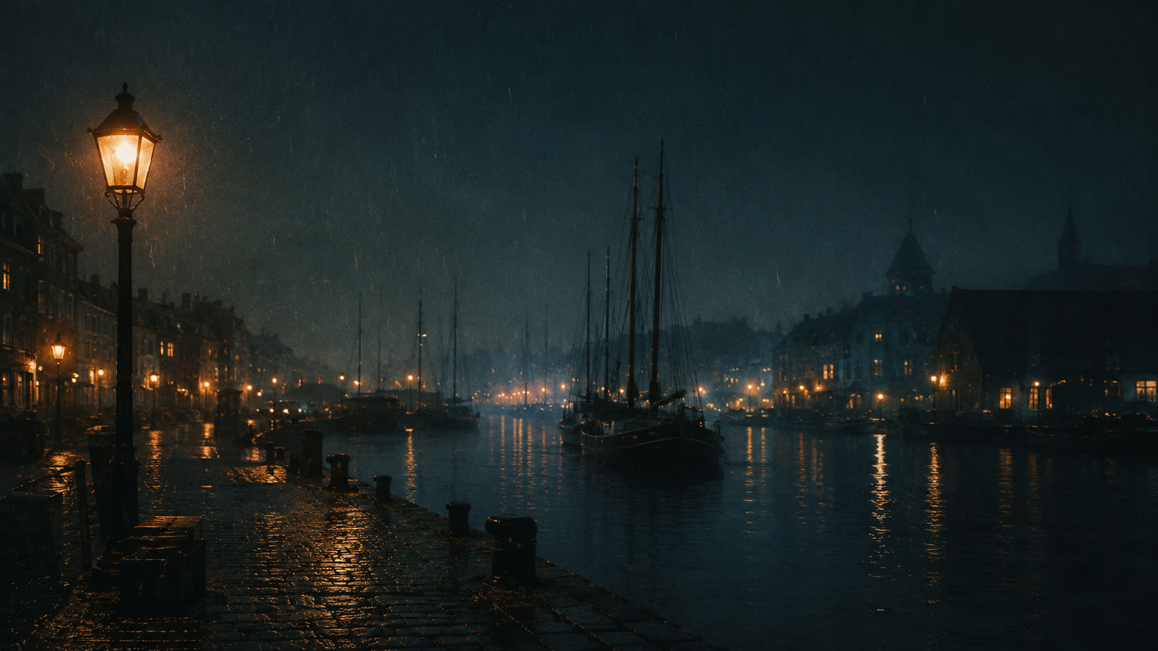A rainy harbor at night: a gas lamp on the quay, sailing boats at their moorings, warm windows along the waterfront.