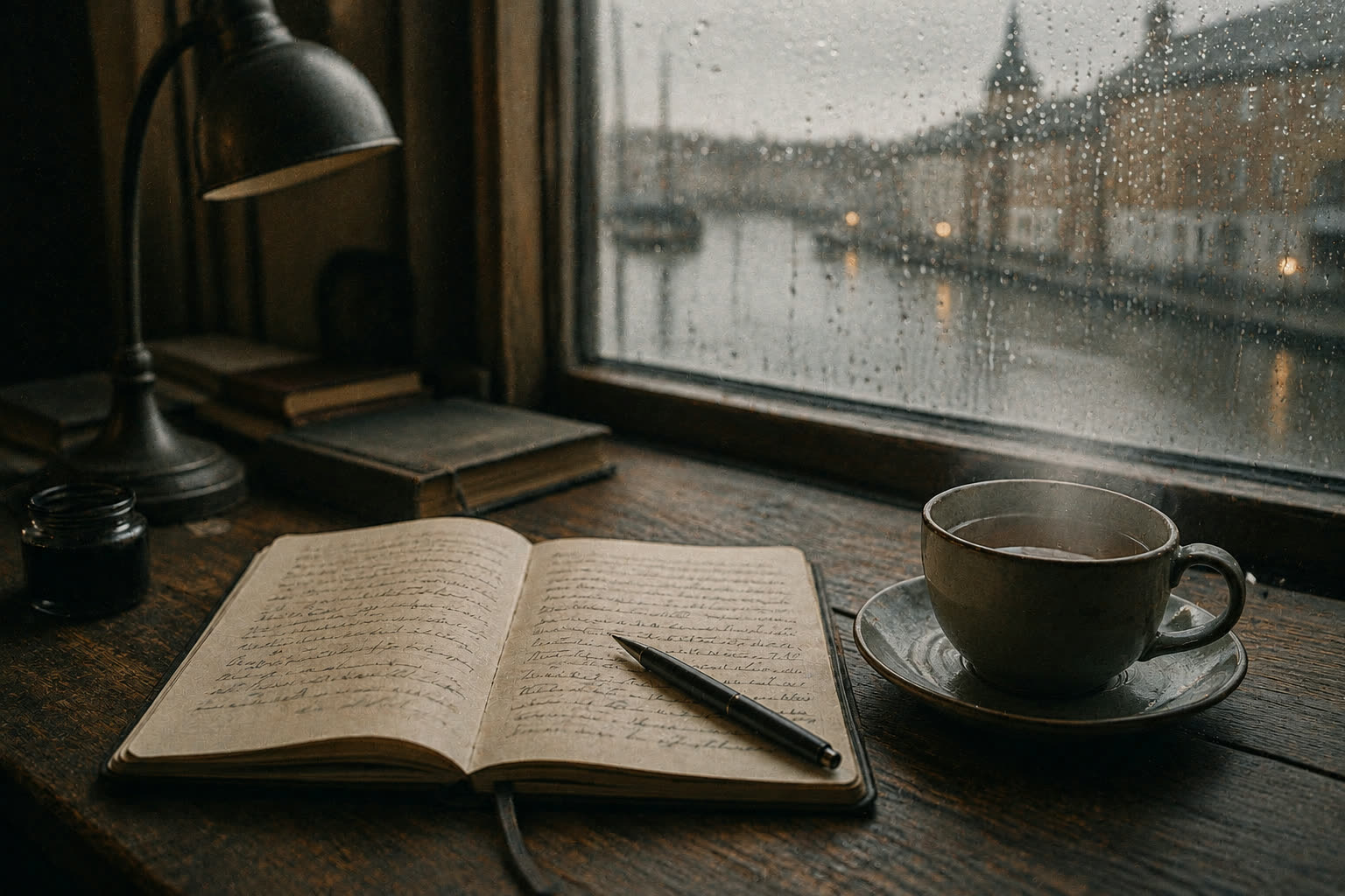 An open notebook with handwritten notes beside a steaming cup of tea, the lamp off, morning light through a rain-flecked window.