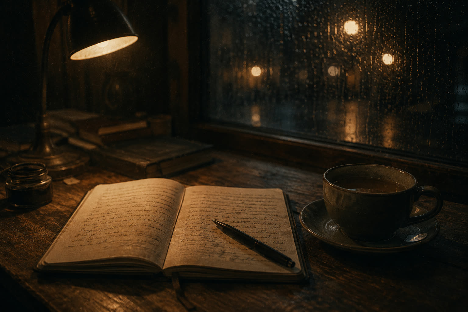An open notebook with handwritten notes beside a cup of tea, lit by a desk lamp, rain on the window behind.
