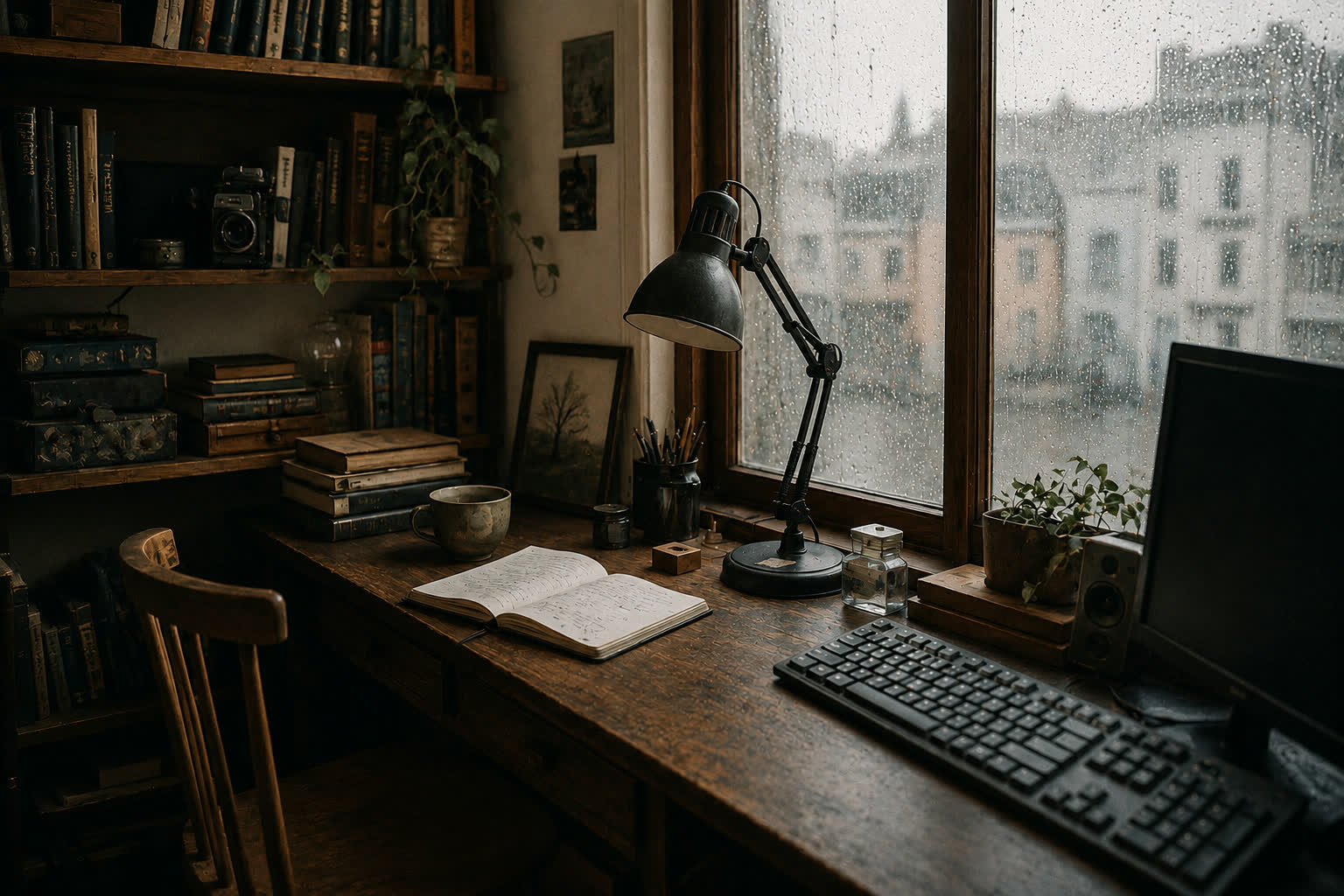 A desk in the morning: open notebook, tea and keyboard, the lamp off, pale daylight through a rain-streaked window, the chair empty.