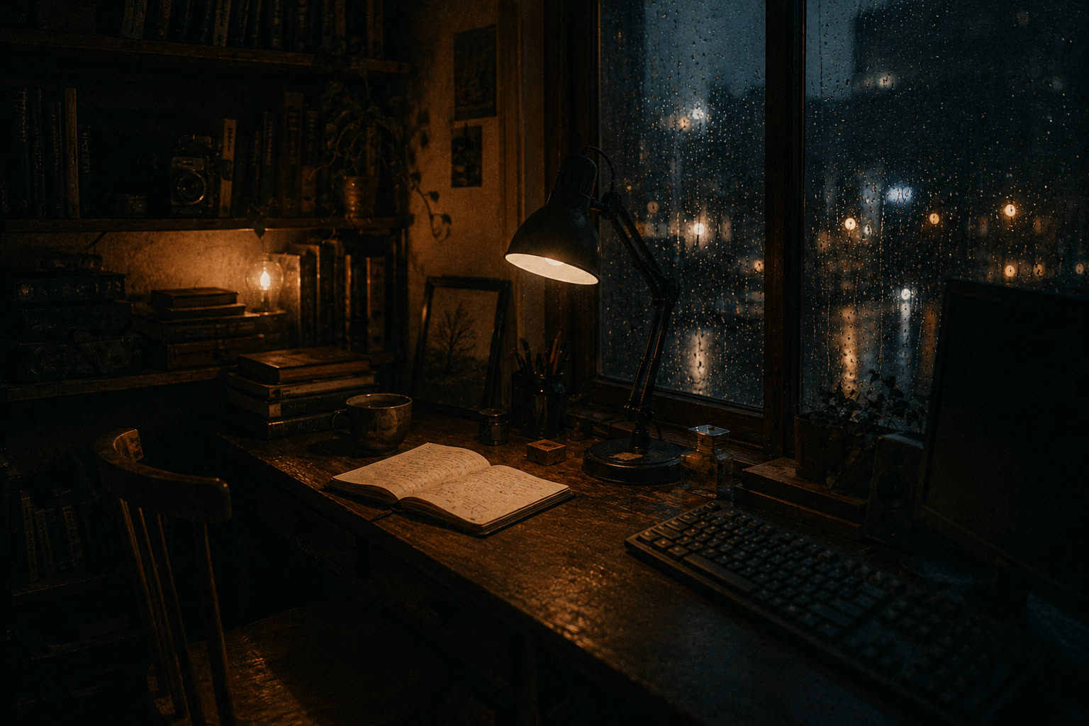 A desk at night: open notebook, tea, lamp and keyboard before a rain-streaked window, the chair empty.