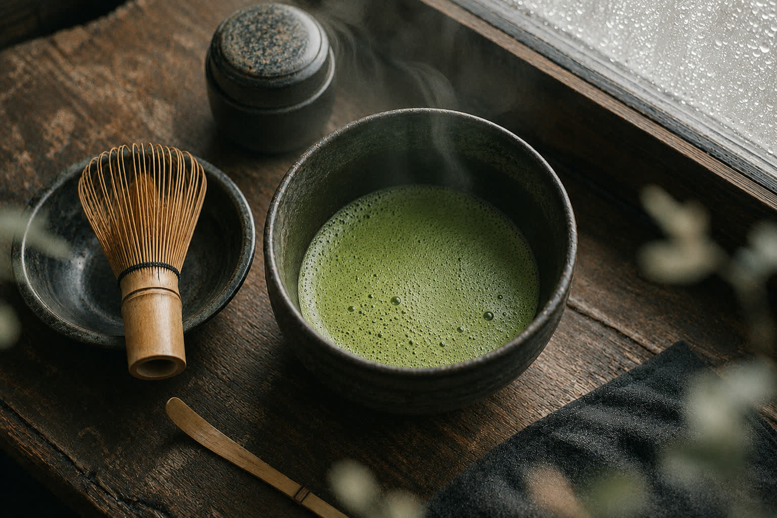 A dark ceramic bowl of freshly whisked matcha beside a bamboo whisk on a wooden table, bright morning light on a rain-flecked window.