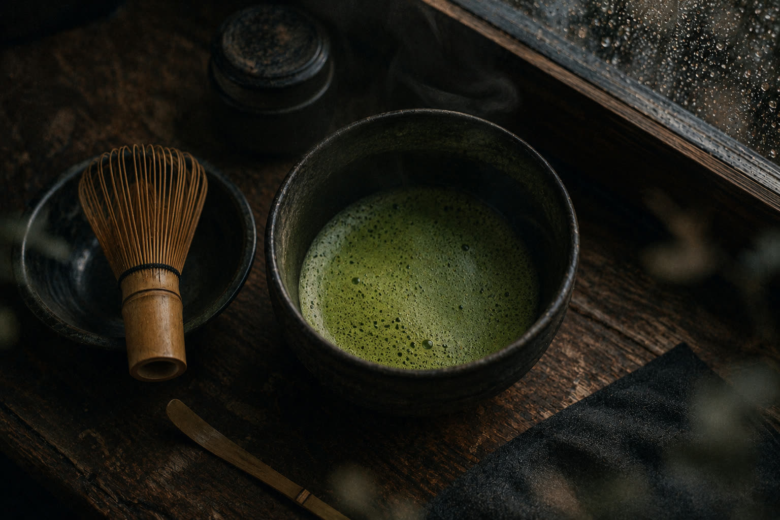 A dark ceramic bowl of freshly whisked matcha beside a bamboo whisk on a wooden table, a rainy window above.