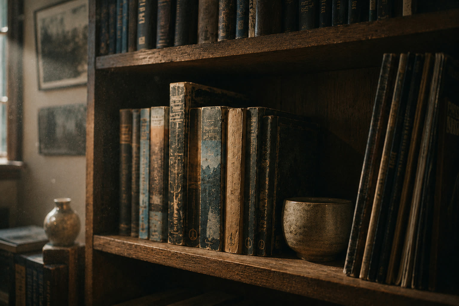 A wooden bookshelf with worn paperbacks, records and a small ceramic tea bowl, soft morning light falling in from a window.