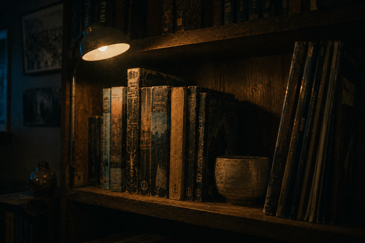 A dim wooden bookshelf with worn paperbacks, records and a small ceramic tea bowl under a single reading lamp.