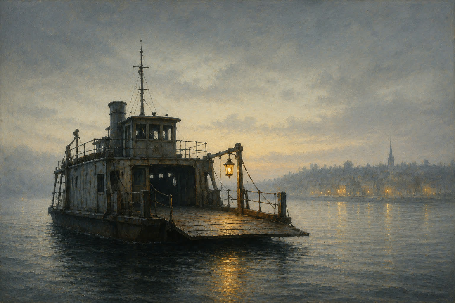 Oil painting of an old ferry on calm water at first light, its deck lantern still lit, the town pale in morning mist on the far shore.