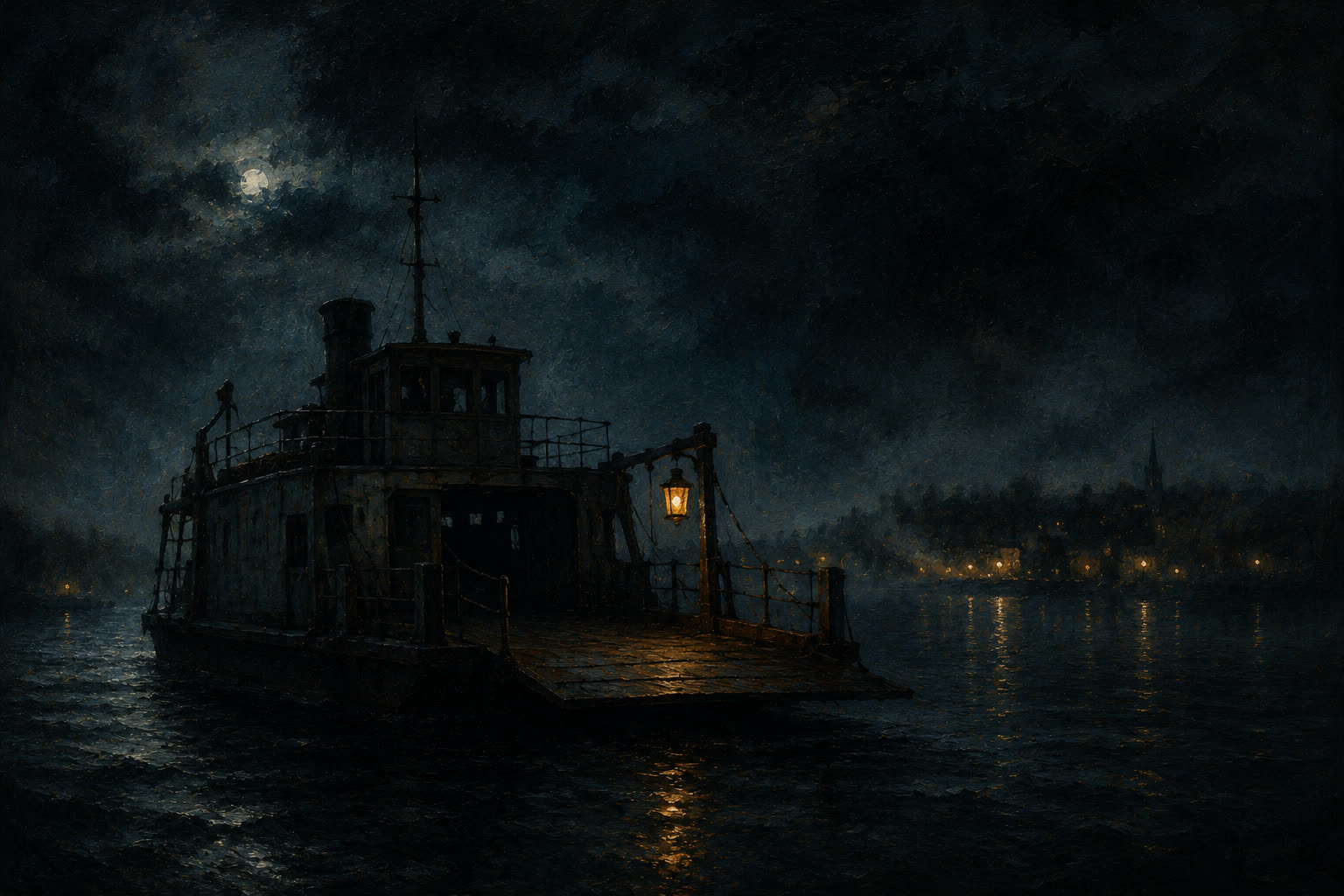 Oil painting of an old ferry on dark water at night, a single lantern glowing on its deck, faint town lights on the far shore.